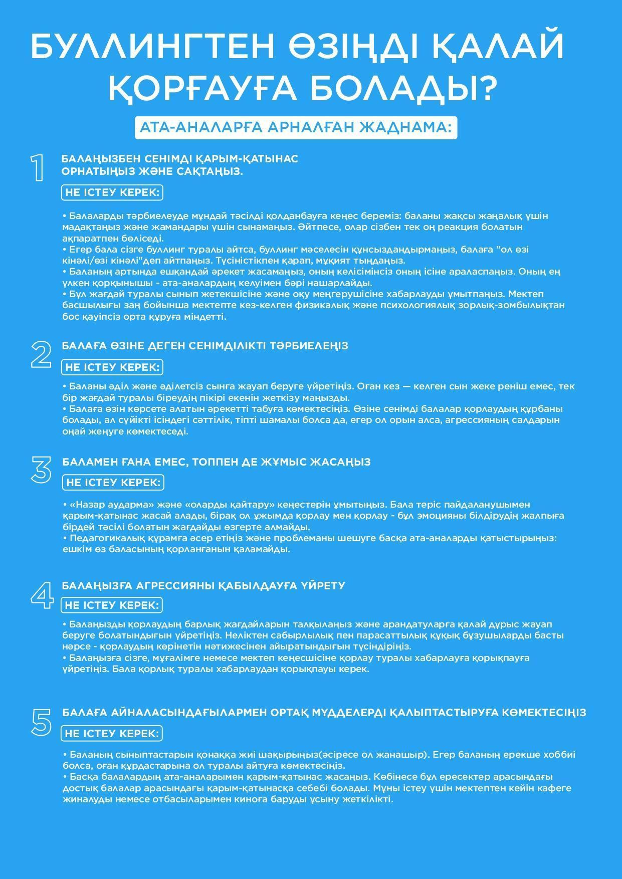 Буллинг және кибербуллингтің алдын алу бойынша оқушыларға және ата-аналарға арналған жадыныма