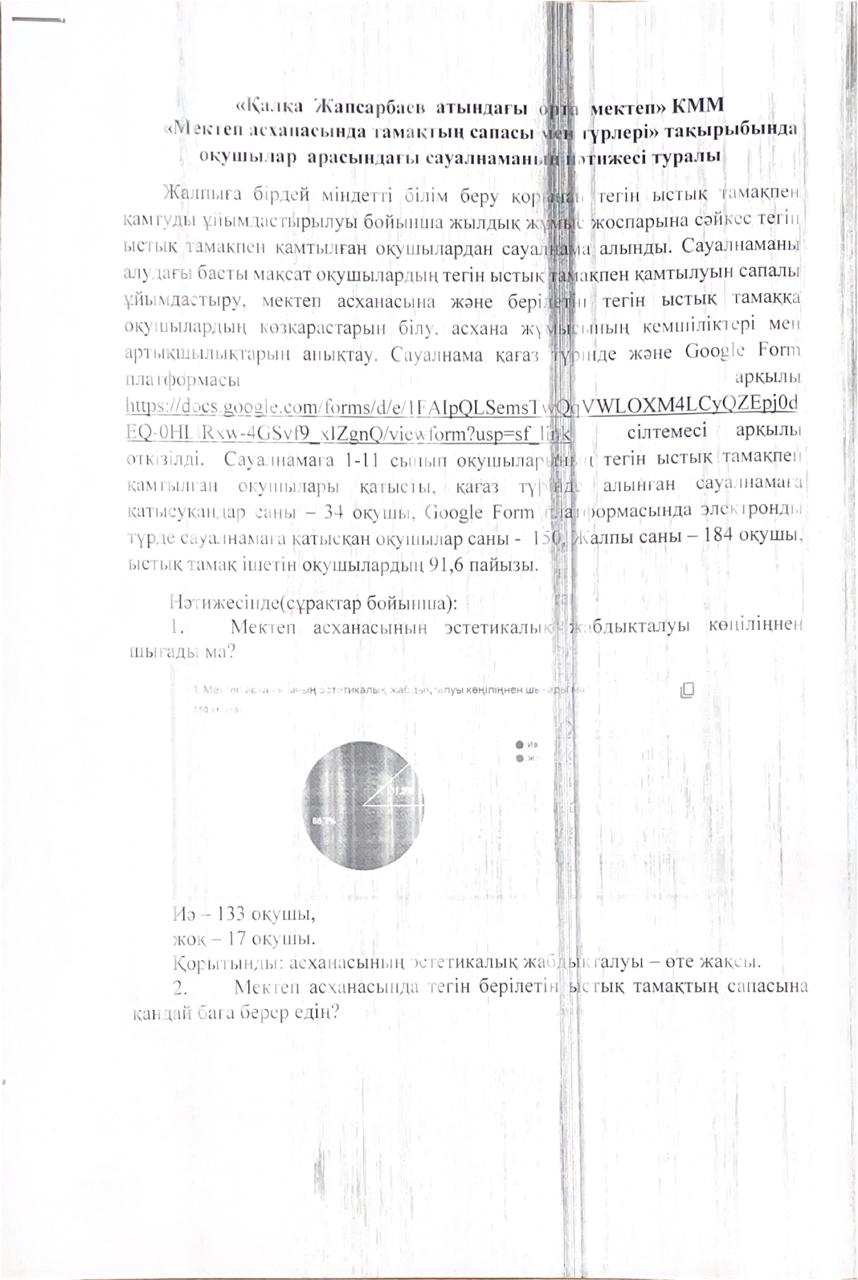 "Мектеп асханасында тамақтану сапасы мен түрлері" тақырыбында  оқушылар   арасындағы   сауалнаманың нәтижесі туралы