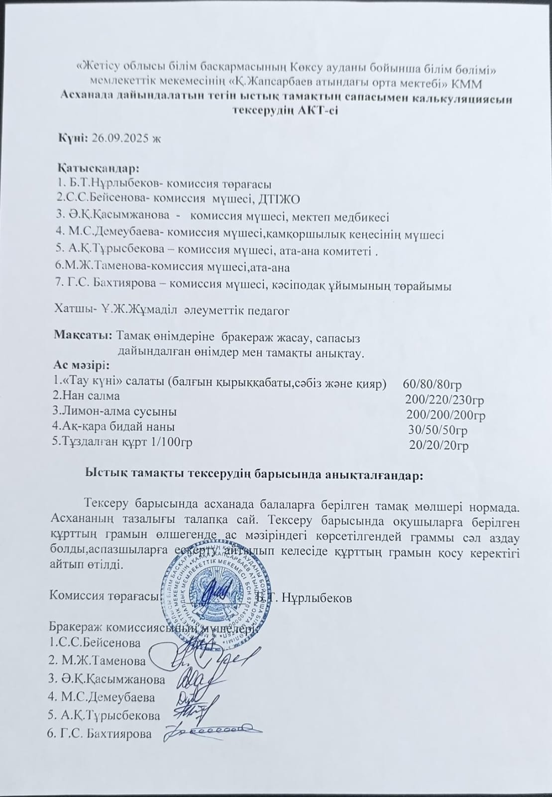 Асханада дайындалатын тегін ыстық тамақтың сапасымен калькуляциясын тексерудің АКТ-сі