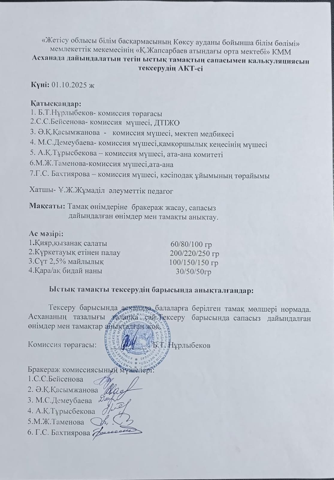 Асханада дайындалатын тегін ыстық тамақтың сапасымен калькуляциясын тексерудің АКТ-сі