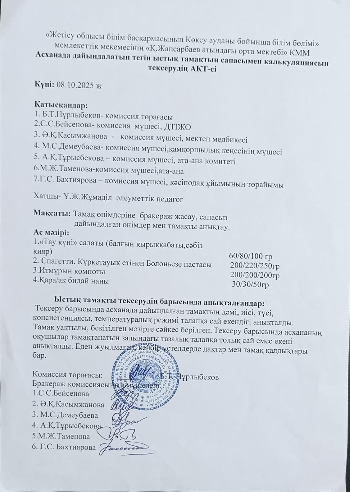 Асханада дайындалатын тегін ыстық тамақтың сапасымен калькуляциясын тексерудің АКТ-сі