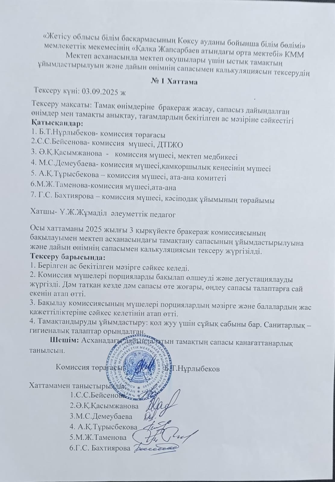 Мектеп асханасында мектеп оқушылары үшін ыстық тамақтың ұйымдастырылуын және дайын өнімнің сапасымен калькуляциясын тексерудің №1 Хаттама