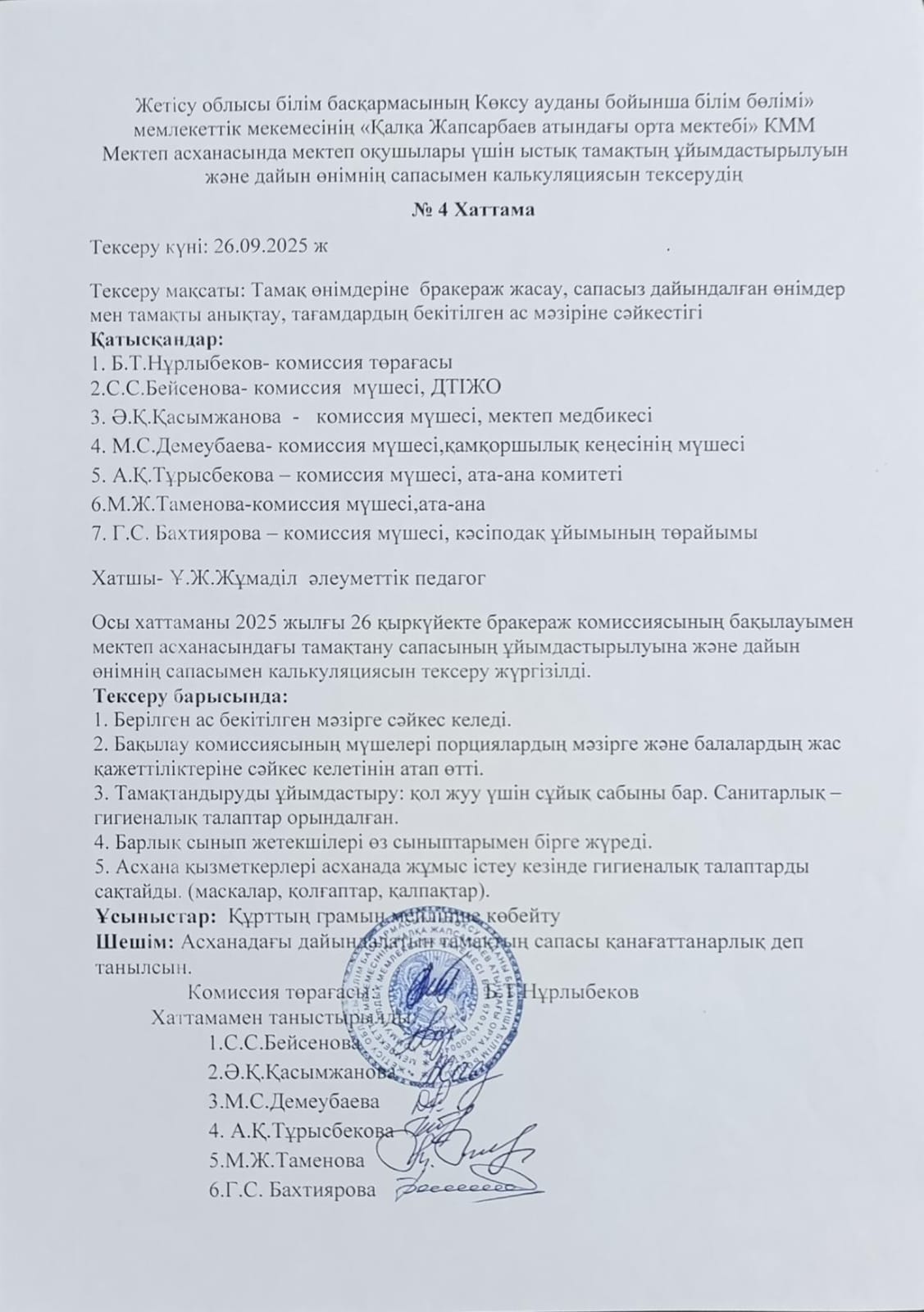 Мектеп асханасында мектеп оқушылары үшін ыстық тамақтың ұйымдастырылуын және дайын өнімнің сапасымен калькуляциясын тексерудің №4 Хаттама