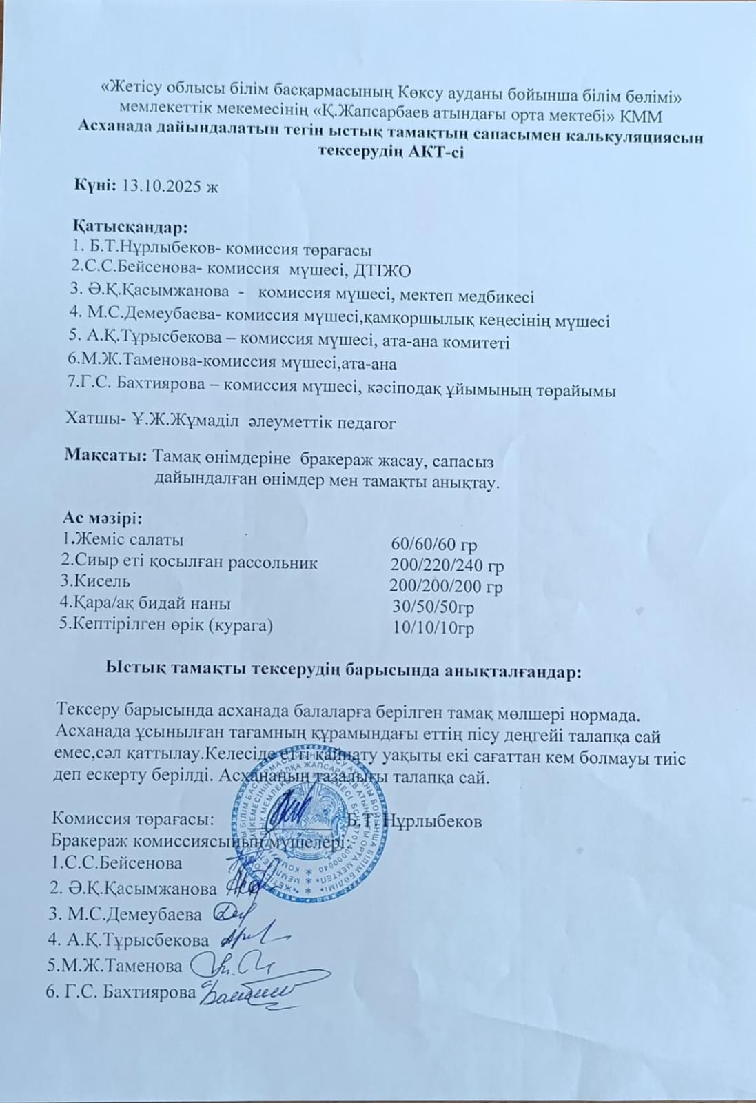 Асханада дайындалатын тегін ыстық тамақтың сапасымен калькуляциясын тексерудің АКТ-сі