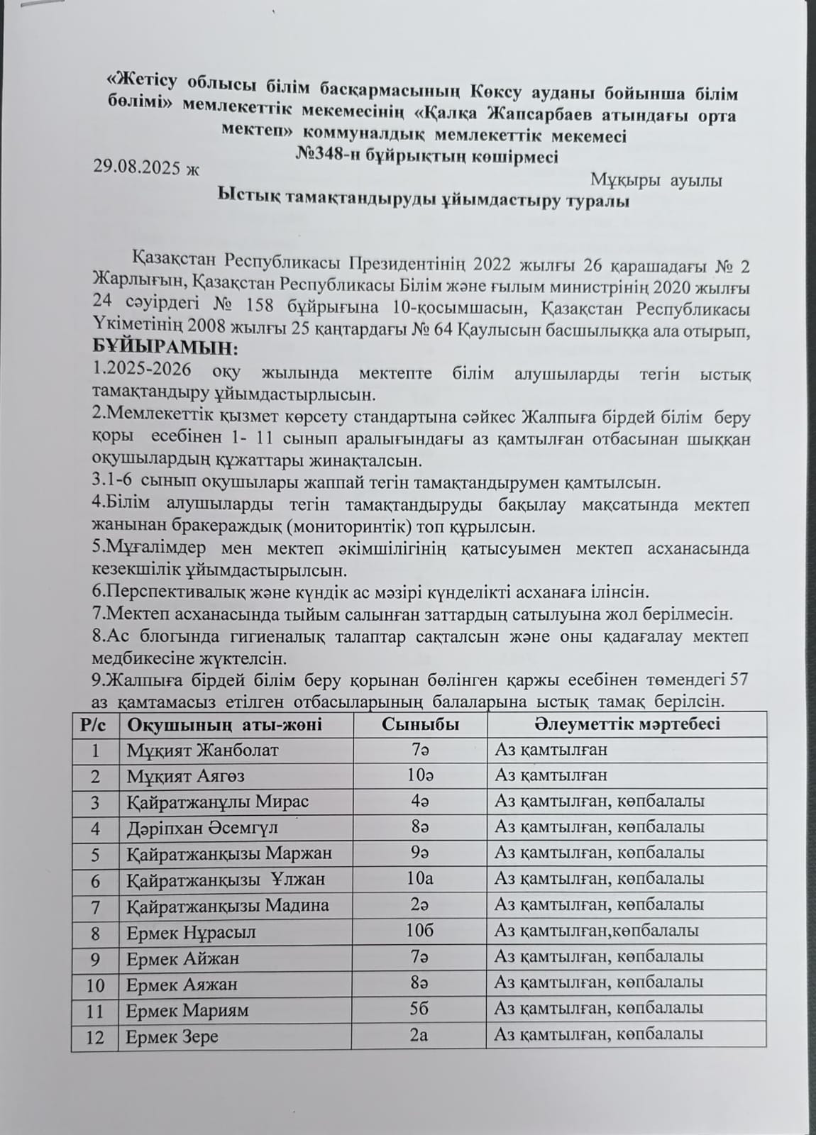 Ыстық тамақтандыруды ұйымдастыру туралы